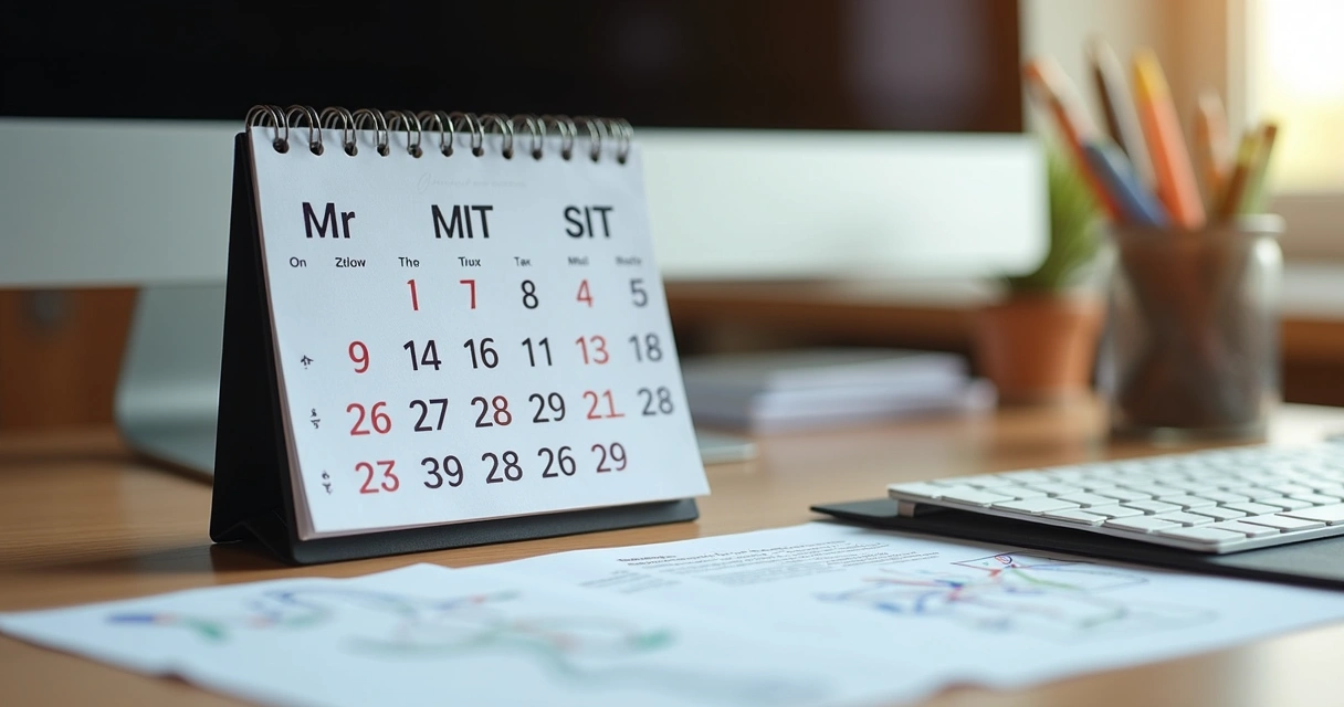Calendário personalizado com ícones fiscais sobre mesa em escritório contábil 