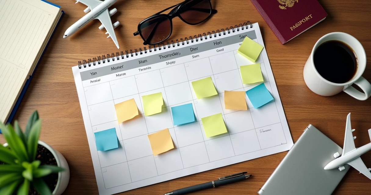 Calendário planejado com marcadores coloridos e itens de viagem ao redor 