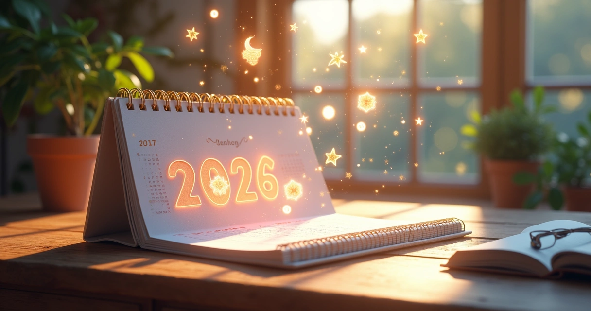 Calendário com círculos coloridos marcando datas especiais aos portais energéticos de 2026 