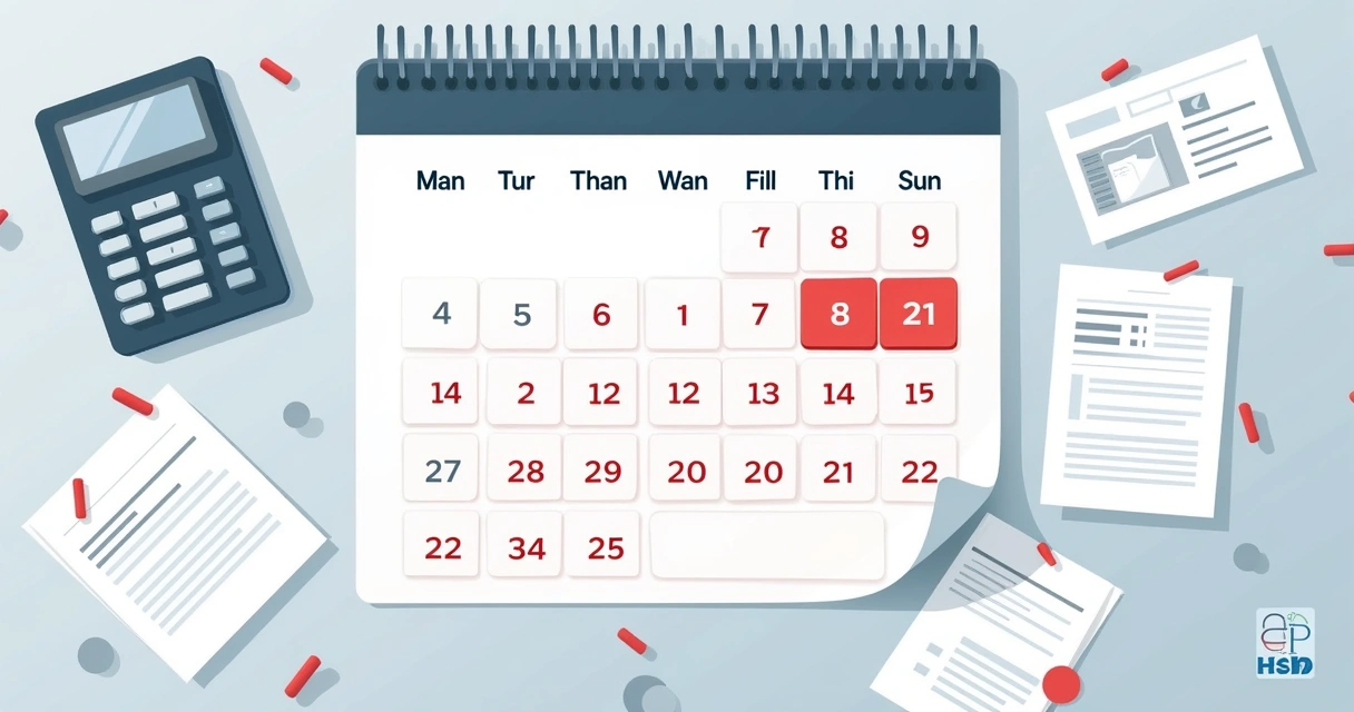 Um calendário com março e abril destacados, com documentos financeiros ao redor representando a declaração de imposto.