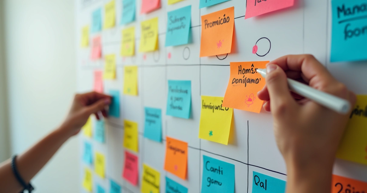 Painel cheio de datas promocionais e post-its coloridos 