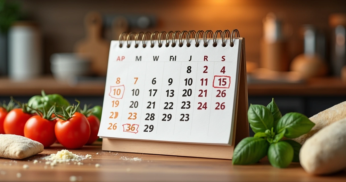 Calendário de promoções para pizzaria com datas marcadas e ingredientes de pizza ao redor 