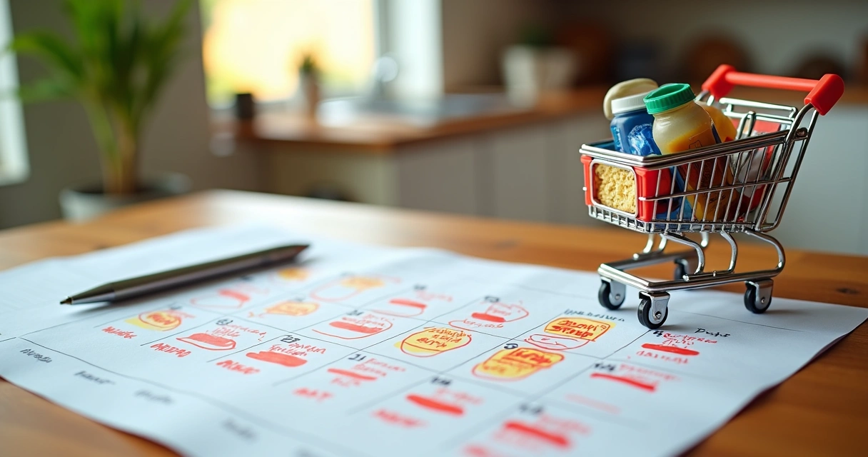 Calendário marcado com dias de promoção ao lado de carrinho de supermercado cheio 