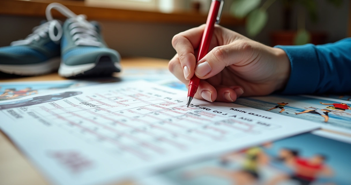Calendário esportivo impresso com datas marcadas com caneta vermelha 