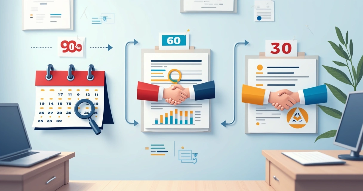 Calendário visual de renovação de contratos SaaS em três etapas, com ícones para cada fase 