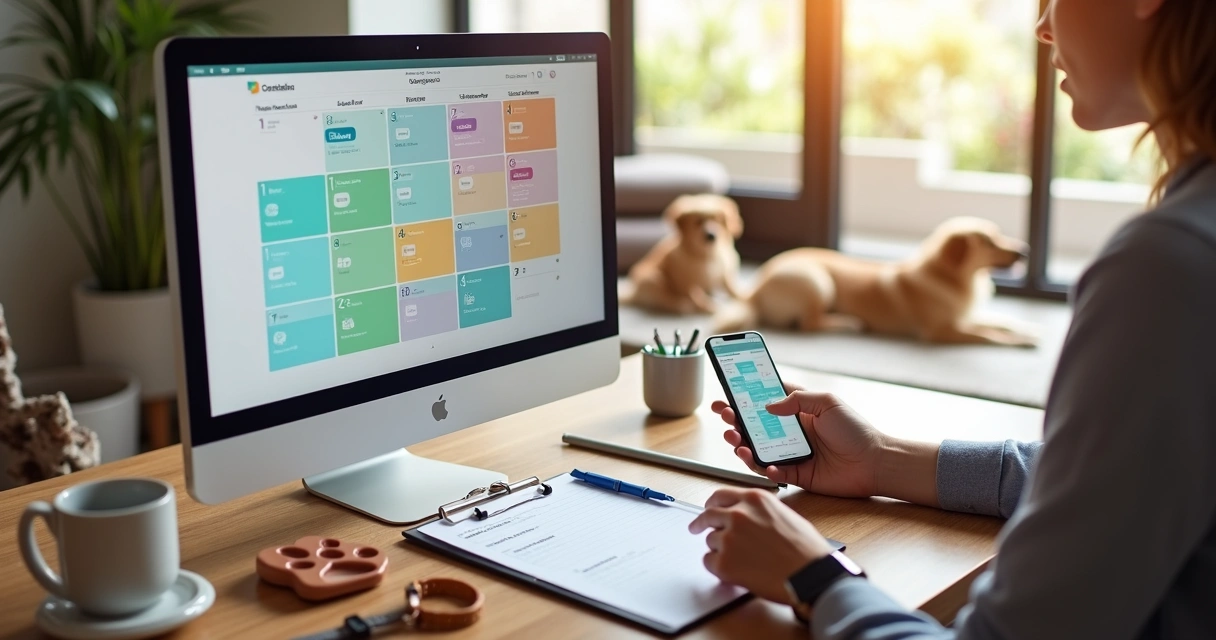 Gestor de hotel pet olhando calendário colorido com cães em ambiente moderno 