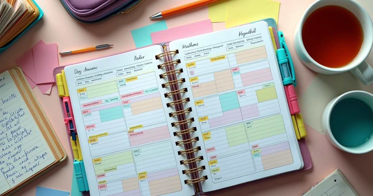 Calendário de revisão colorido ao lado de caderno aberto com anotações escolares