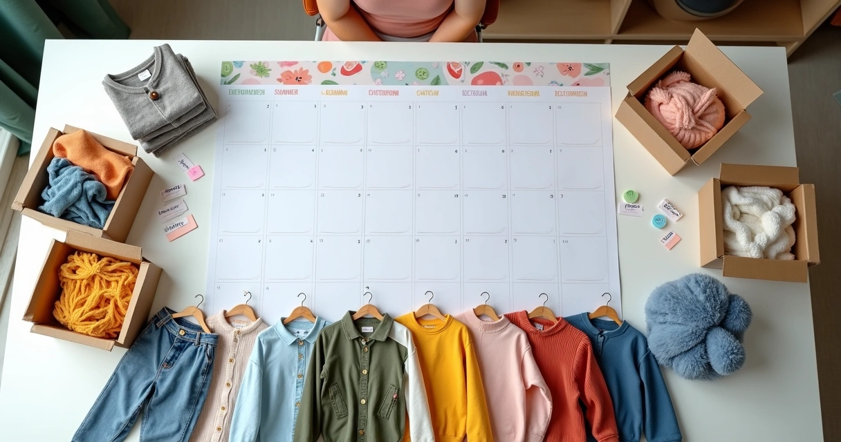Calendário com roupas infantis de diferentes estações organizadas ao redor 