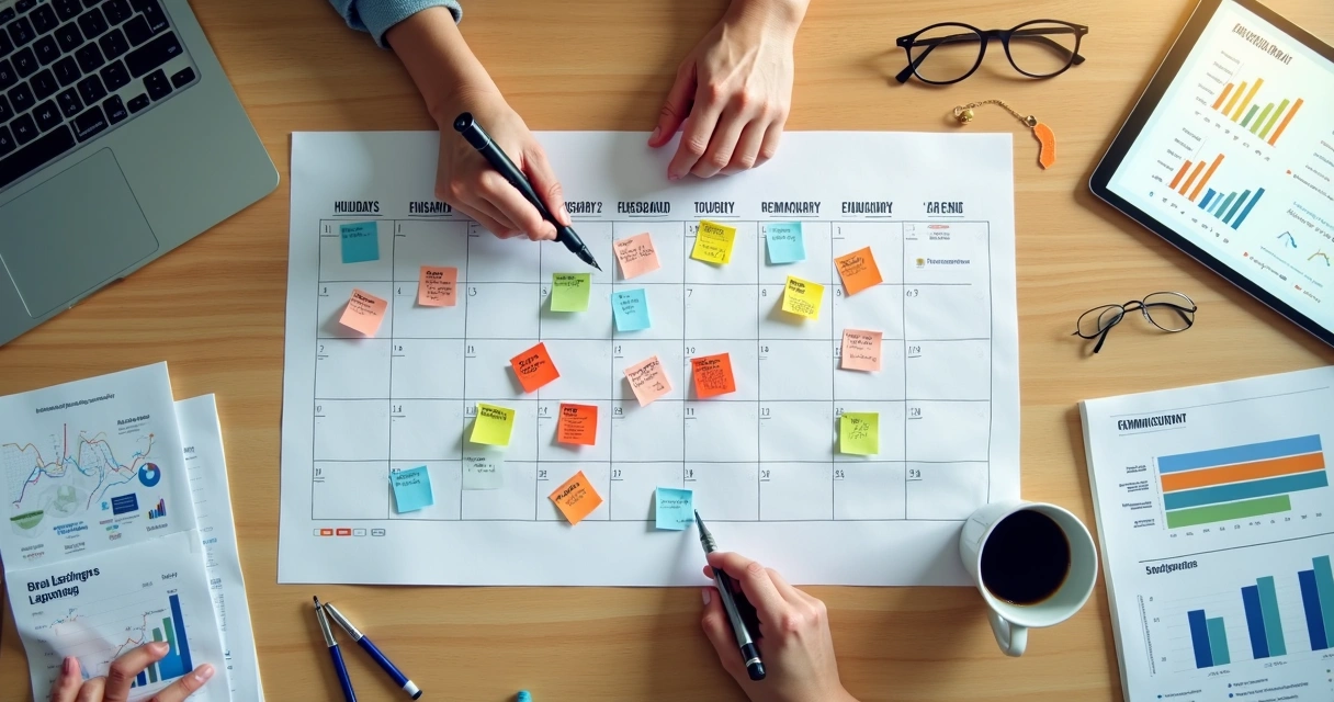 Calendário sazonal sobre mesa com gráficos de crescimento financeiro 