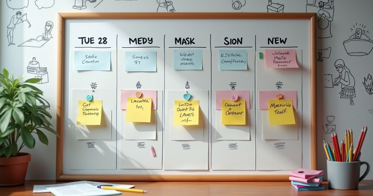 Calendário visual de posts semanais em painéis coloridos 