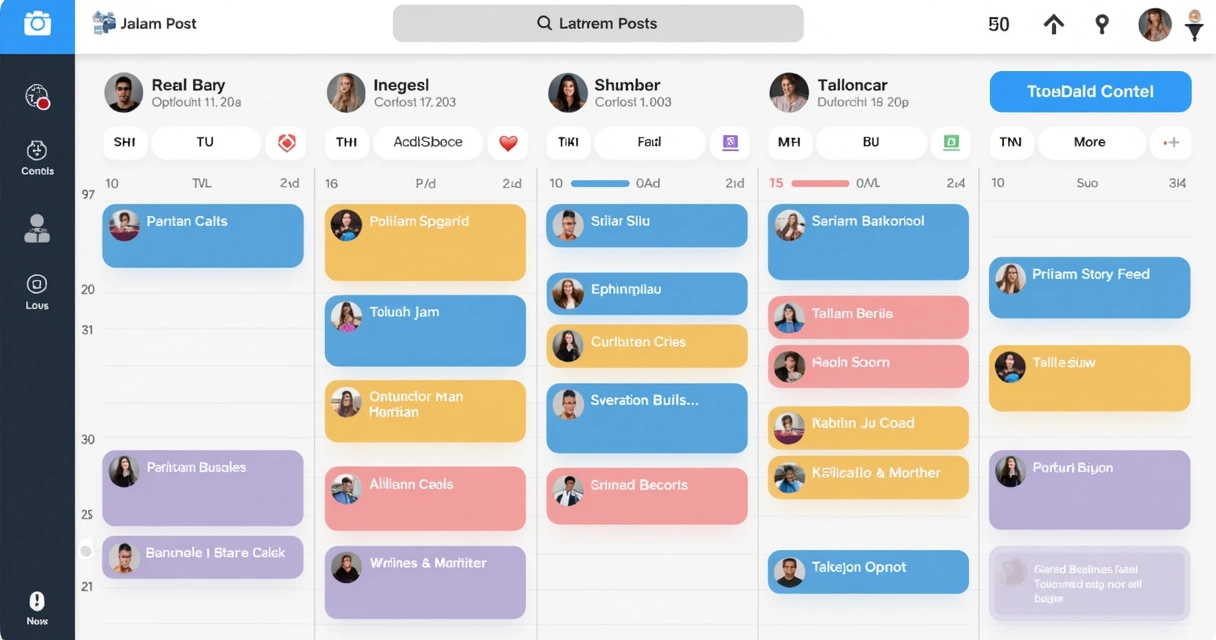Calendário visual de postagens de Instagram com horários, stories, feed e reels 