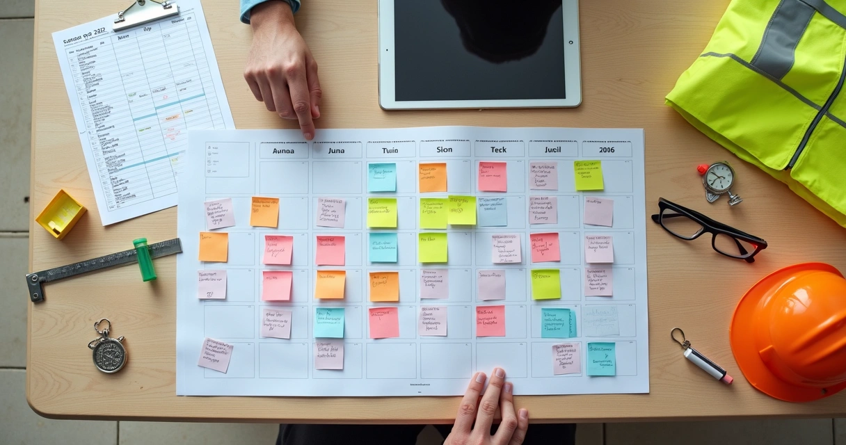 Calendário grande de SST com prazos marcados e folhas de documentos organizados sobre mesa 