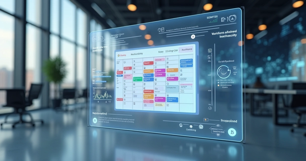 Tela 3D de calendário de tarefas colaborativo mostrando demandas diárias, status de atrasos e equipe organizada 