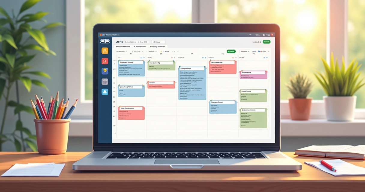 Calendário no Notion com tarefas agendadas, prazos, e nomes dos responsáveis ao lado de cada bloco