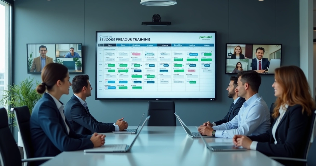 Calendário anual de treinamentos em tela com gestores reunidos