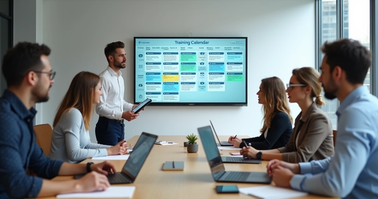 Gestor organizando calendário de treinamentos de funcionários em escritório moderno 