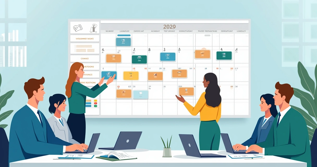 Calendario corporativo con equipo de recursos humanos planificando vacaciones