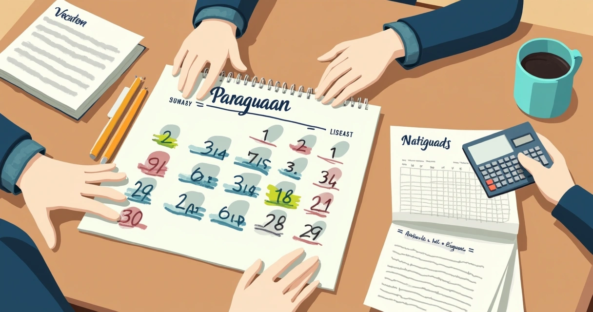 Calendario anual marcando días de vacaciones en Paraguay, resaltando intervalos y días laborales. 