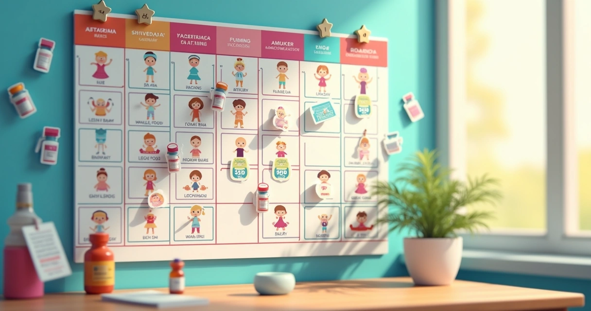 Calendário de vacinação 2025 para crianças com ilustrações das vacinas 