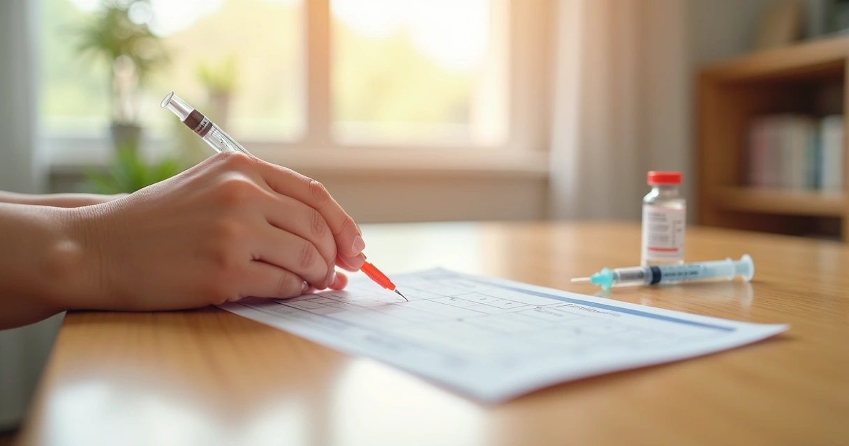 Mãos de mãe segurando carteirinha de vacinação infantil com seringa e frasco de vacina sobre mesa clara 
