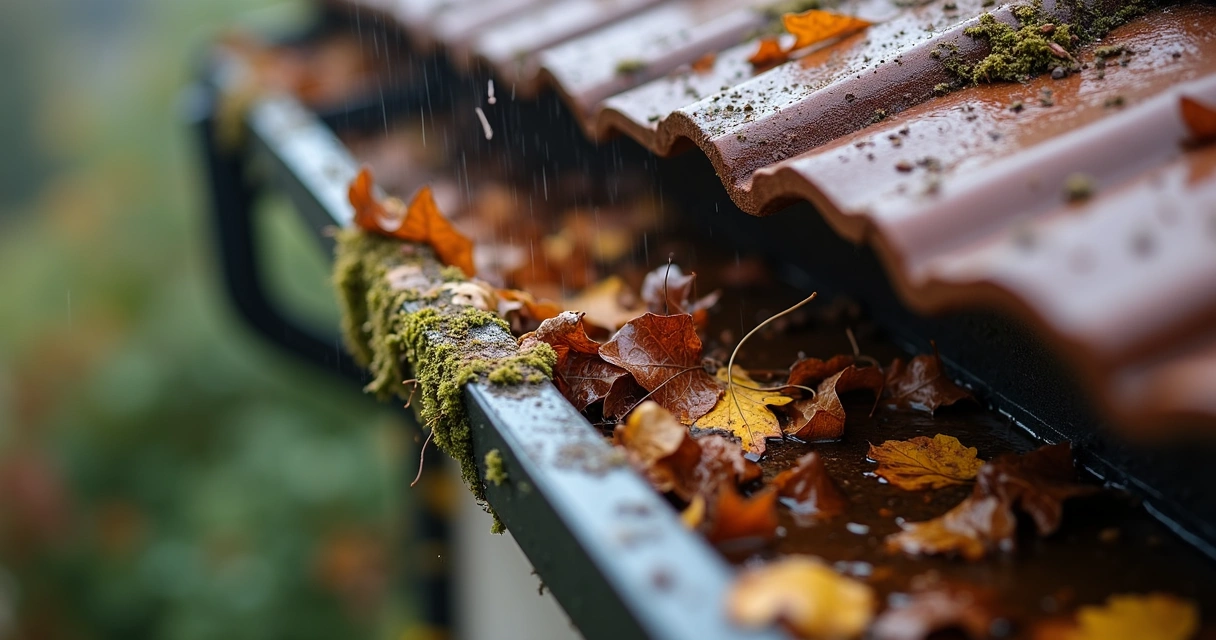 Calha pluvial obstruída por folhas e galhos 
