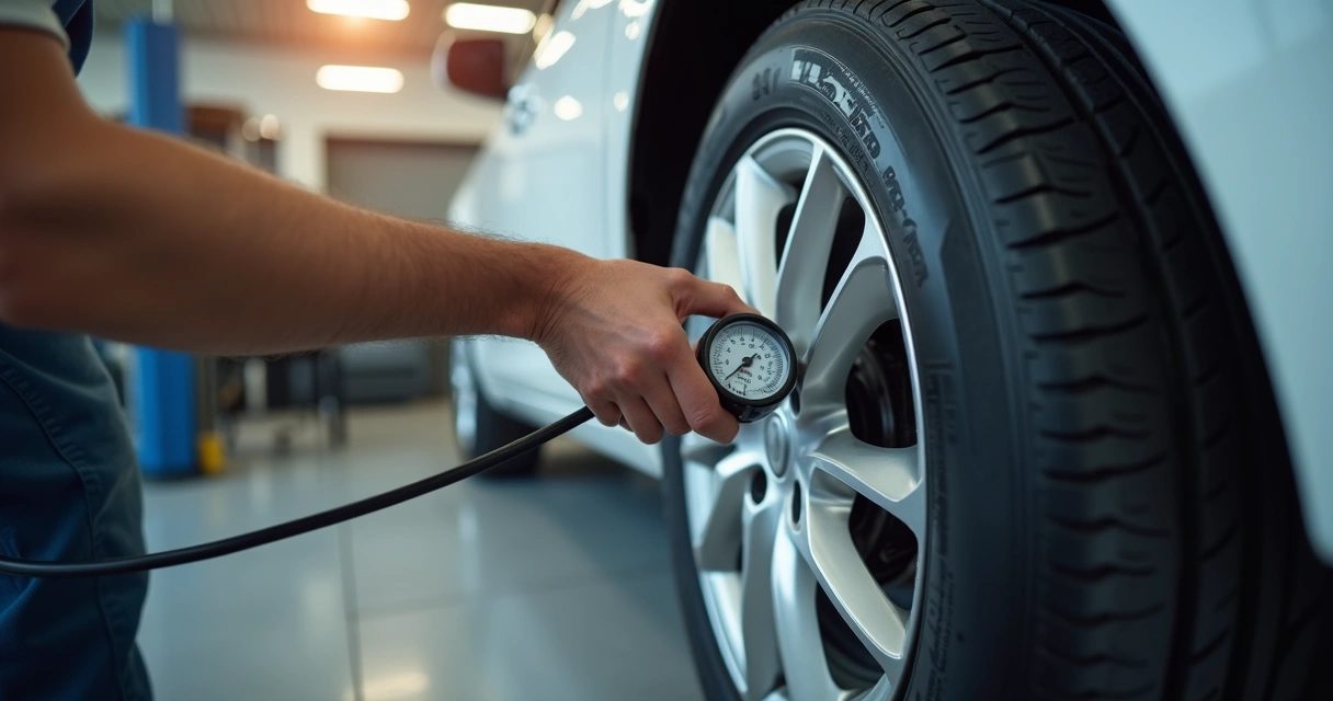 Pneu sendo calibrado corretamente com medidor de pressão em oficina automotiva 