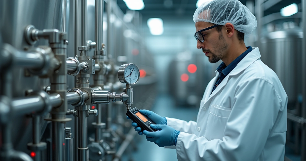 Técnico ajustando equipamento industrial com instrumento de calibração 