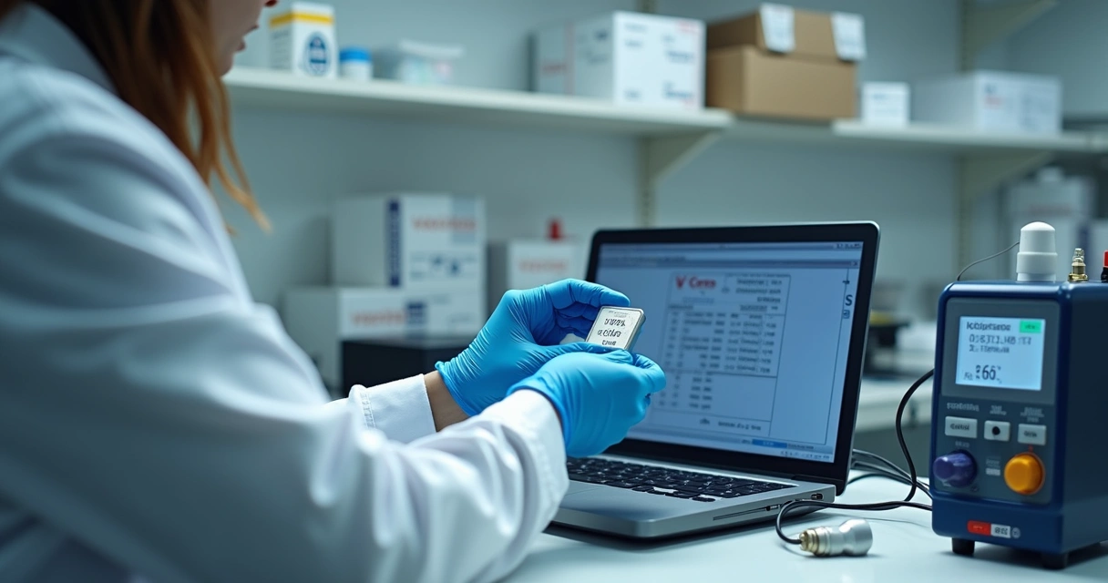 Técnico examinando sensor em laboratório com equipamentos de precisão 