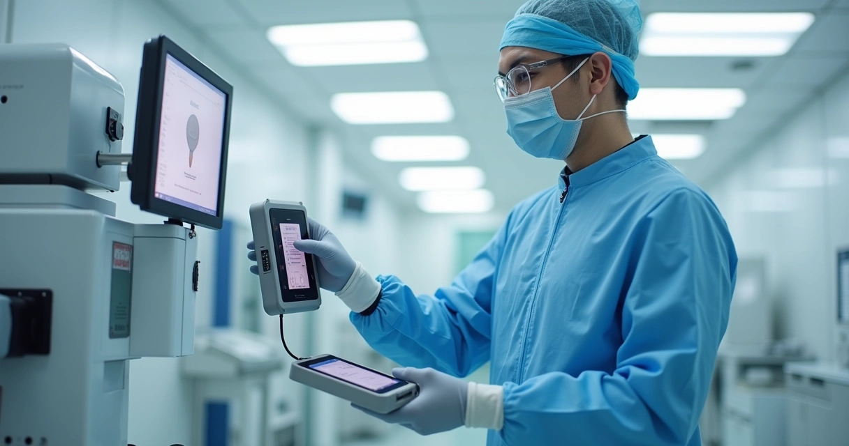 Profissional calibrando sensor em sala limpa hospitalar, com equipamentos de proteção e painéis de controle. 