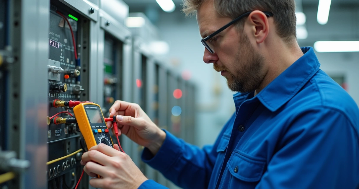 Técnico calibrando sensores analógicos industriais