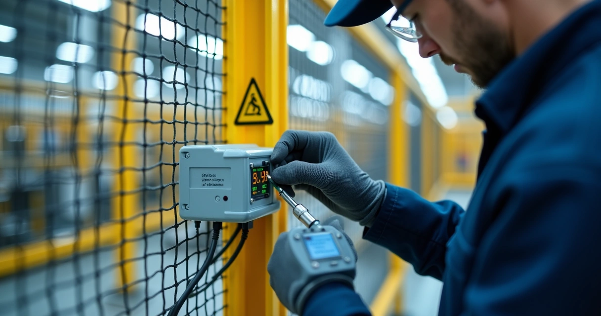 Técnico regulando sensor de segurança em grade protetora de máquina industrial 