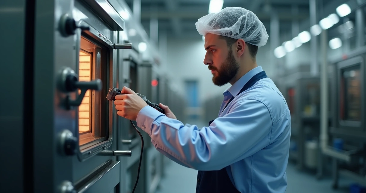 Técnico ajustando termômetro industrial de forno 