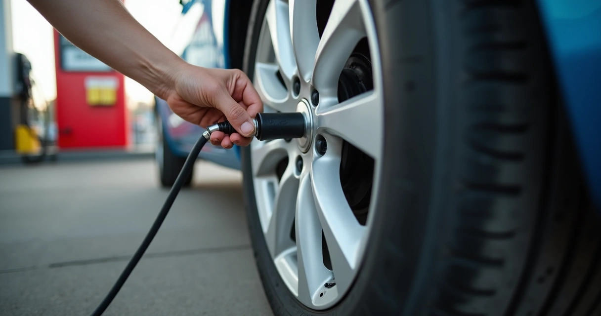 Verificação de calibragem de um pneu de carro em um posto de combustível 