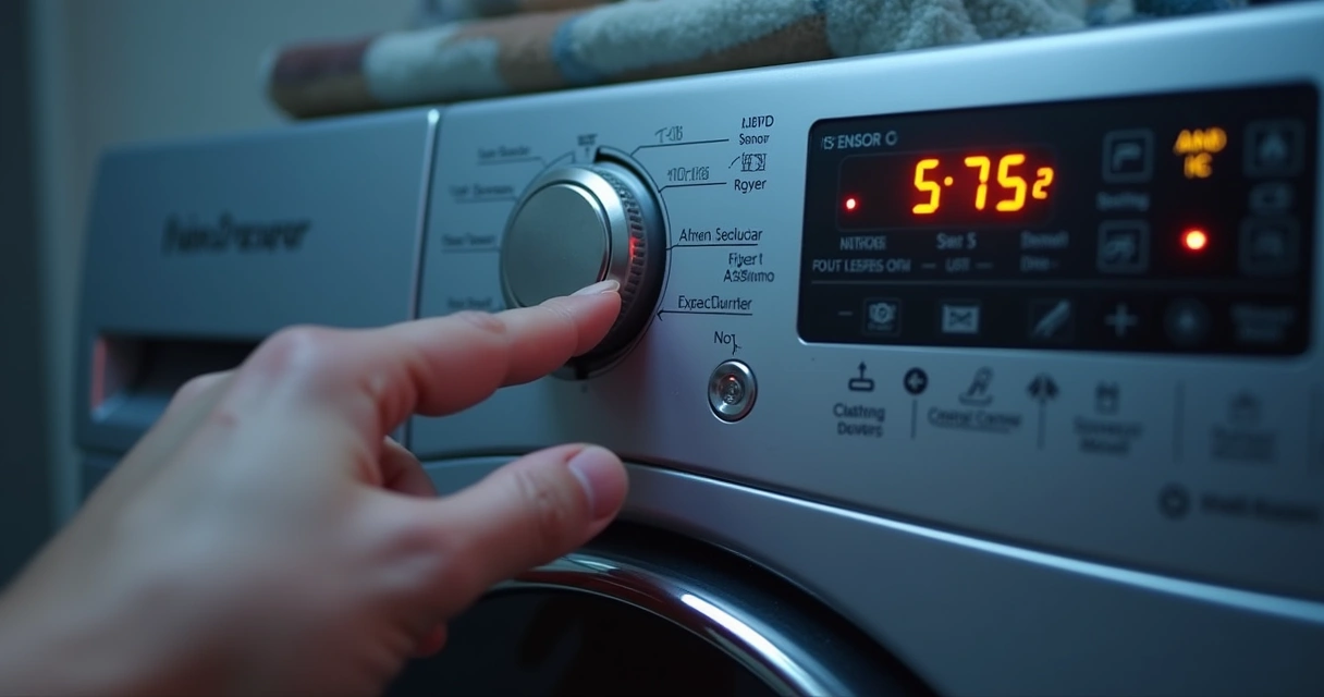 Mão pressionando botão no painel de secadora 