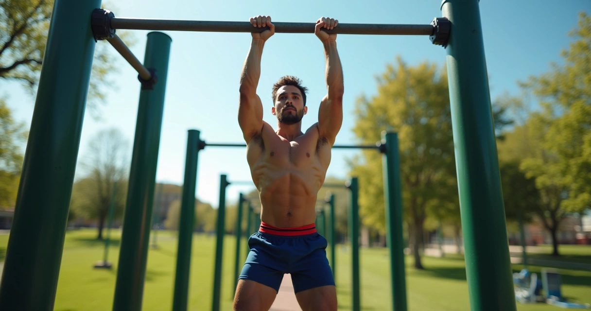 Homem fazendo barra fixa em parque de calistenia ao ar livre
