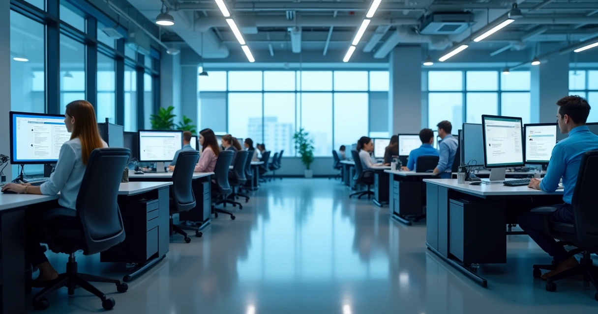 Call center with chatbot-assisted agents at computers 