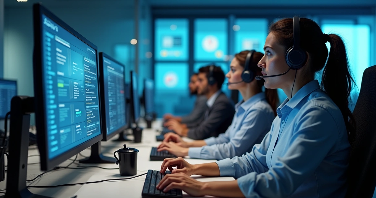 Equipe de call center usando discadores automáticos em operação comercial 