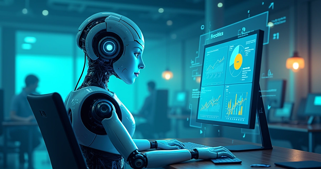 Robô inteligente em call center interagindo com clientes, representando eficiência e redução de custos com IA.