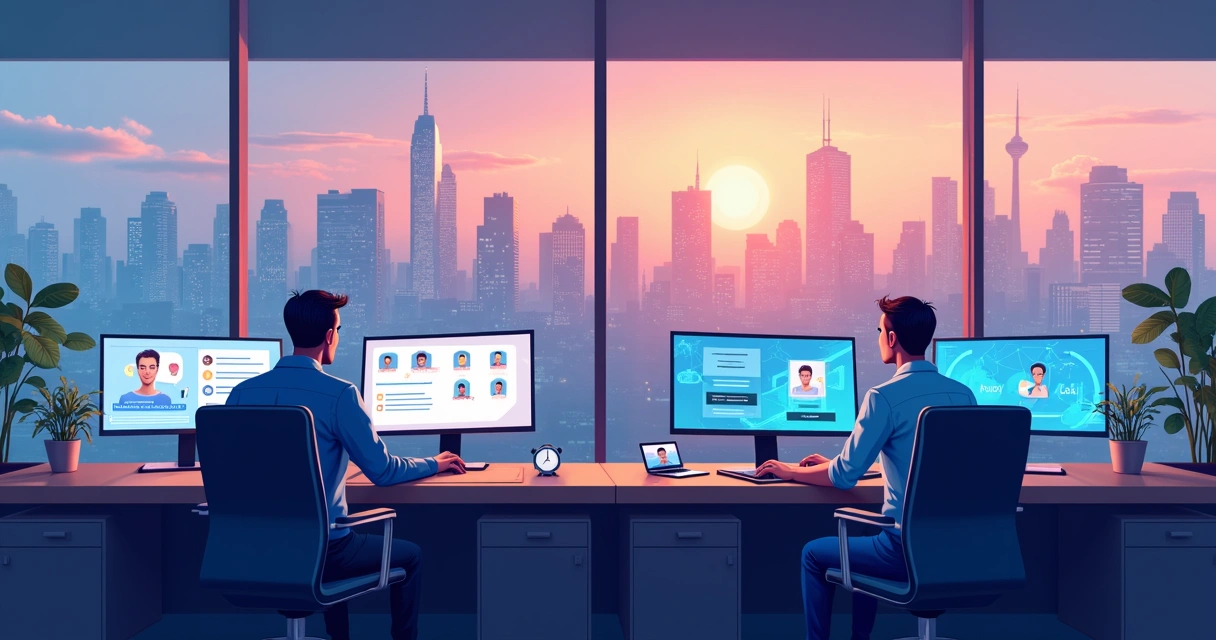 Atendente humano e chatbot interagindo no call center 