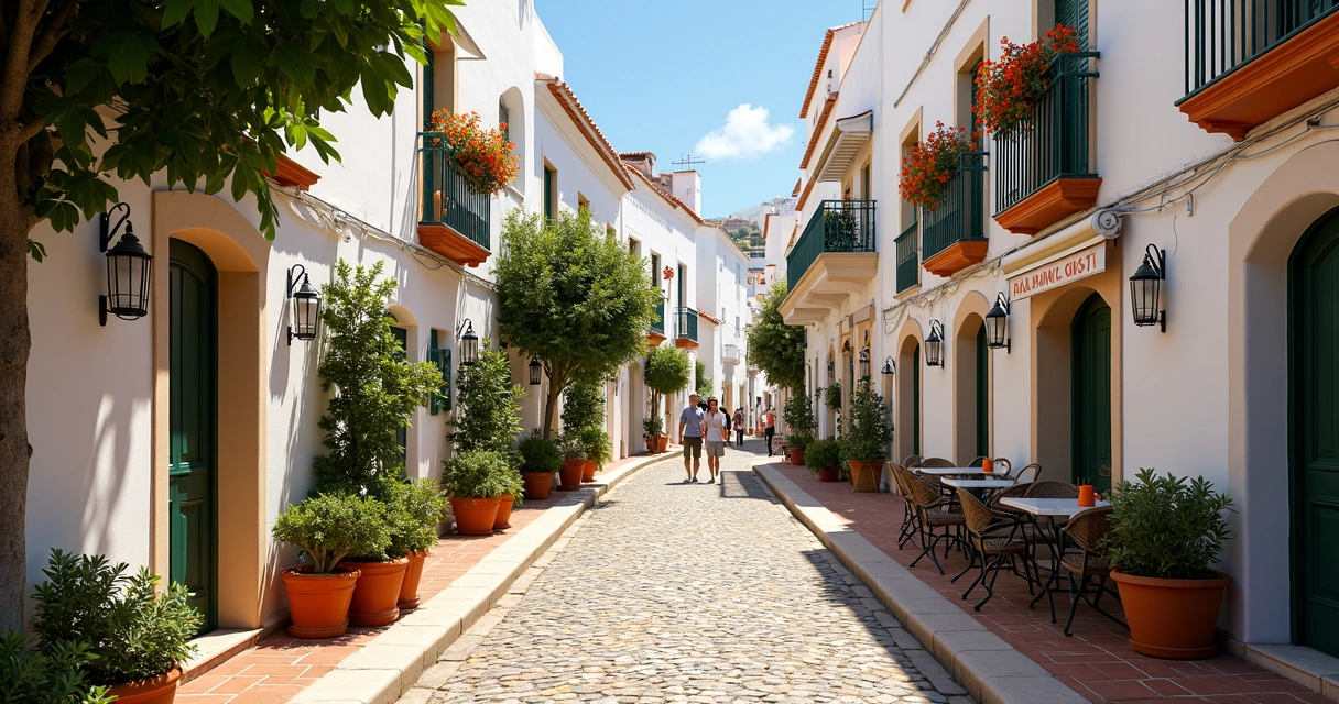 Rua charmosa com arquitetura andaluza e pessoas caminhando 