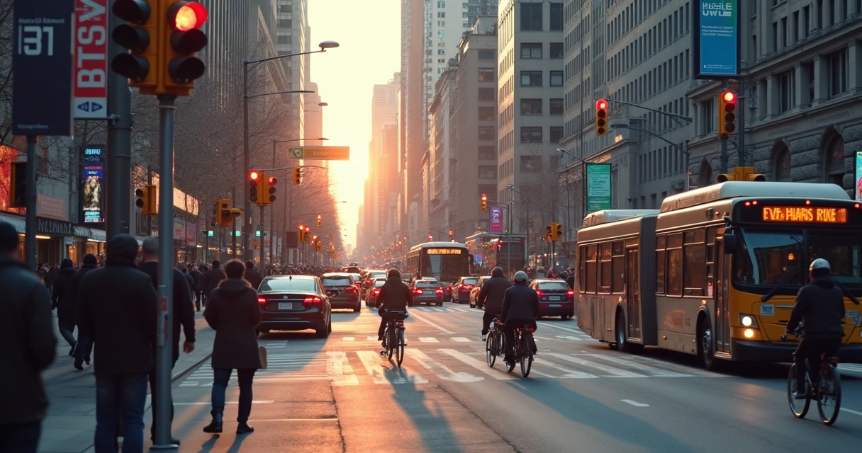 Cruce urbano con tráfico, peatones y señales luminosas al atardecer