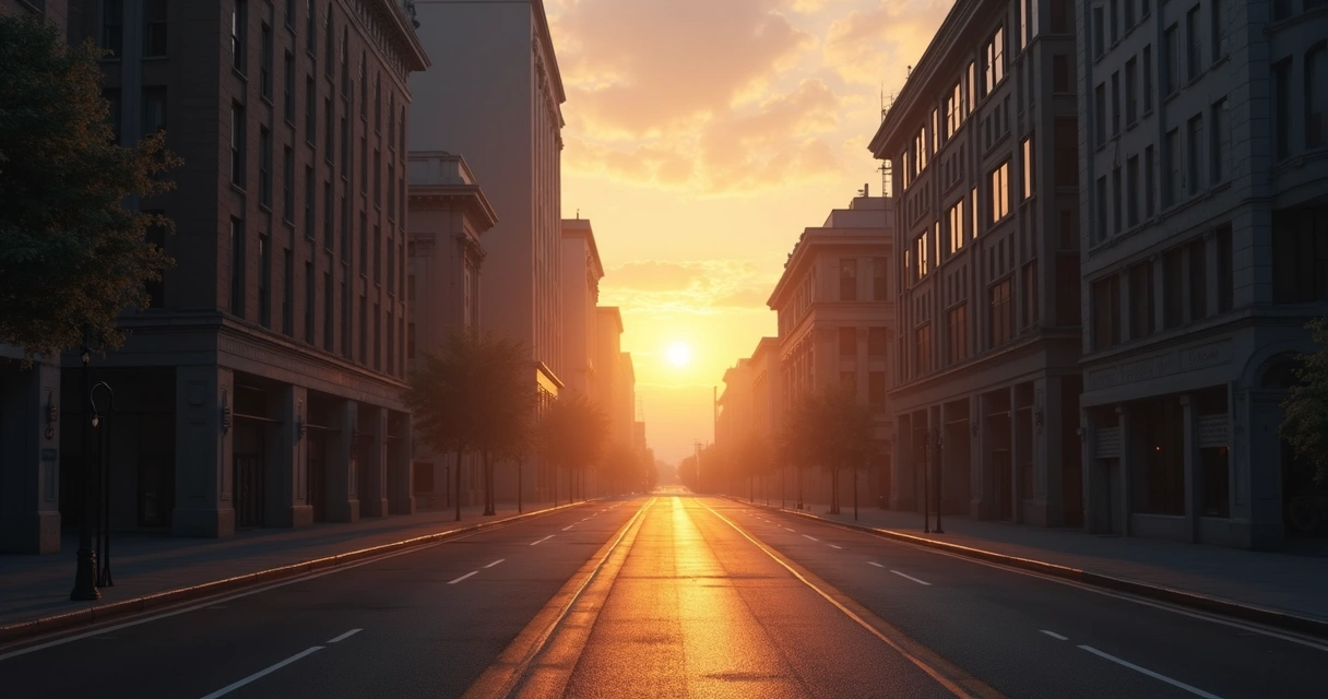 Calle vacía en ciudad con ambiente melancólico al atardecer 