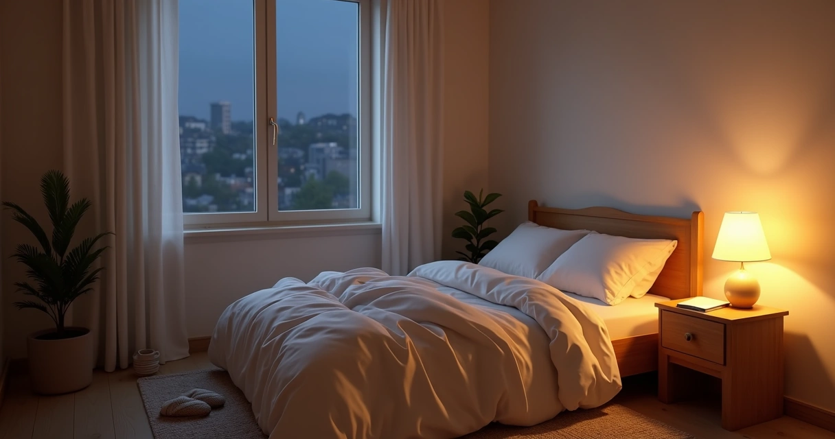 Soft bedroom corner prepared for a quiet evening routine 