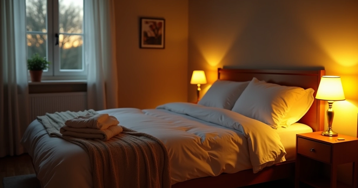 Tidy bedroom with soft lighting and cool tones. 