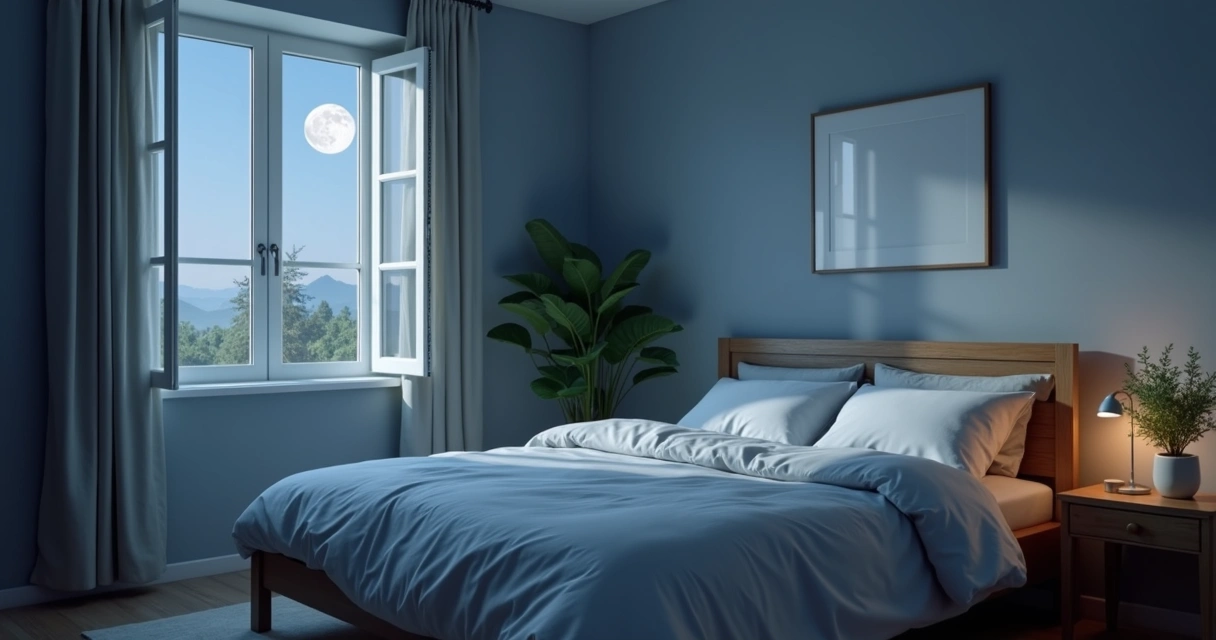 Calm dimly lit bedroom with open window at night 