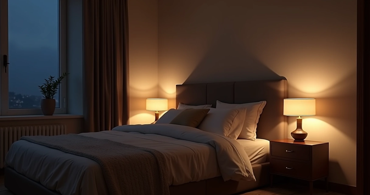 Cozy bedroom at night with soft lighting 