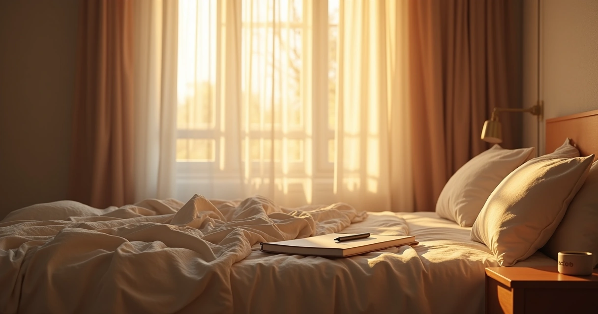 Soft sunrise entering a calm bedroom with an unmade bed