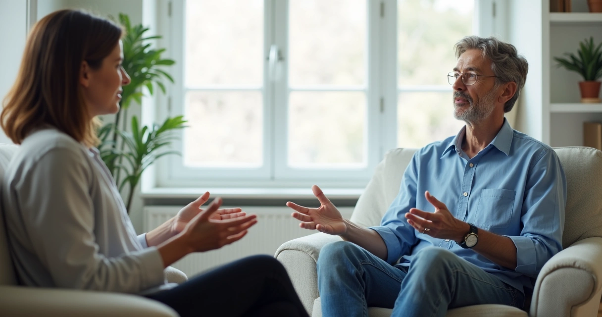 Two people sitting in a calm living room, one sharing feelings openly with a relaxed posture, neutral colors and soft daylight 