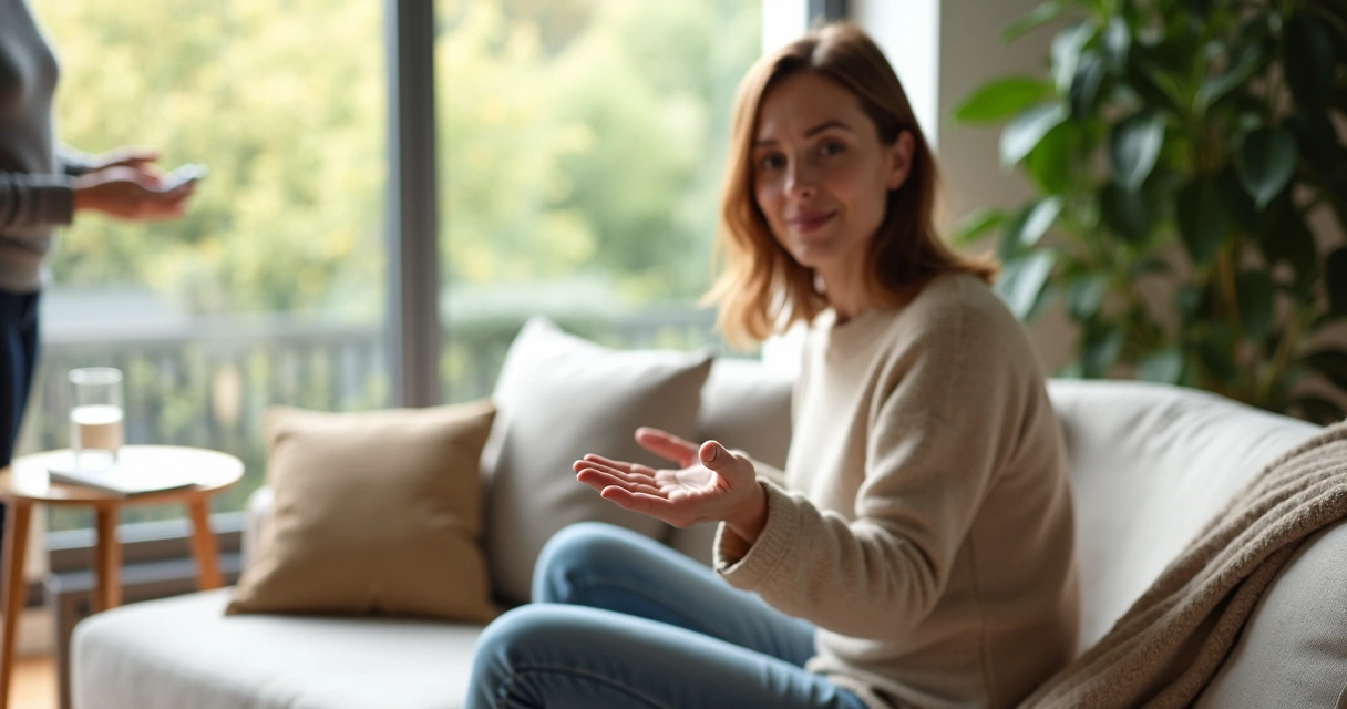 Person calmly holding out an open hand in a bright living room facing a blurred figure 