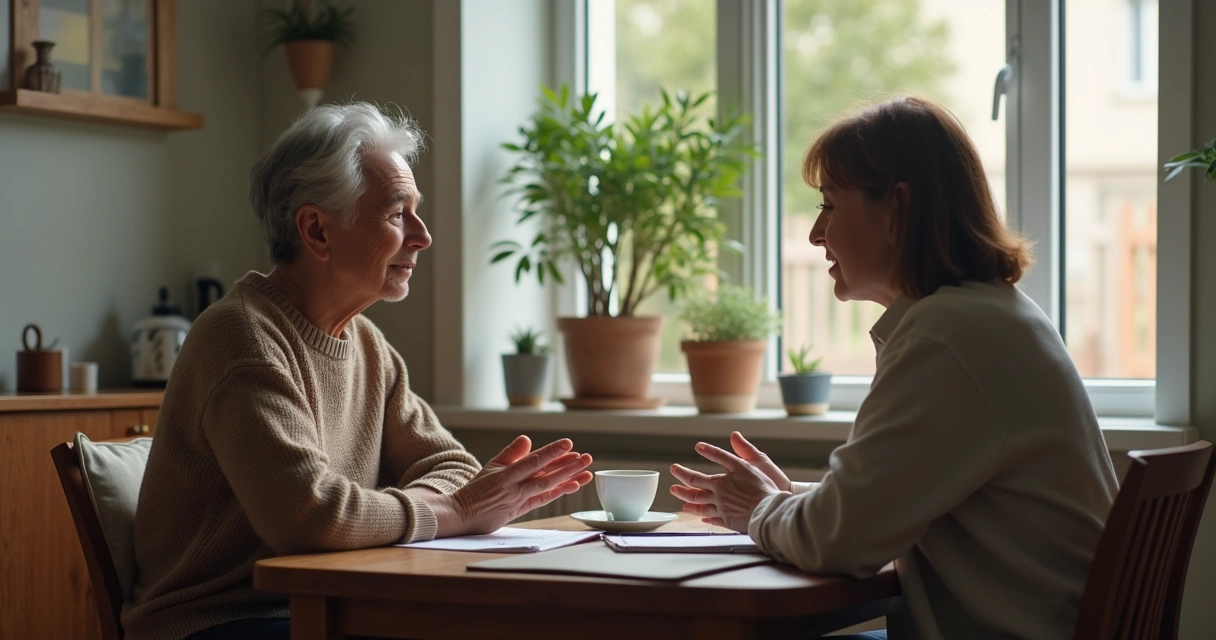 Two people having a calm conversation across a table with notebooks and tea 